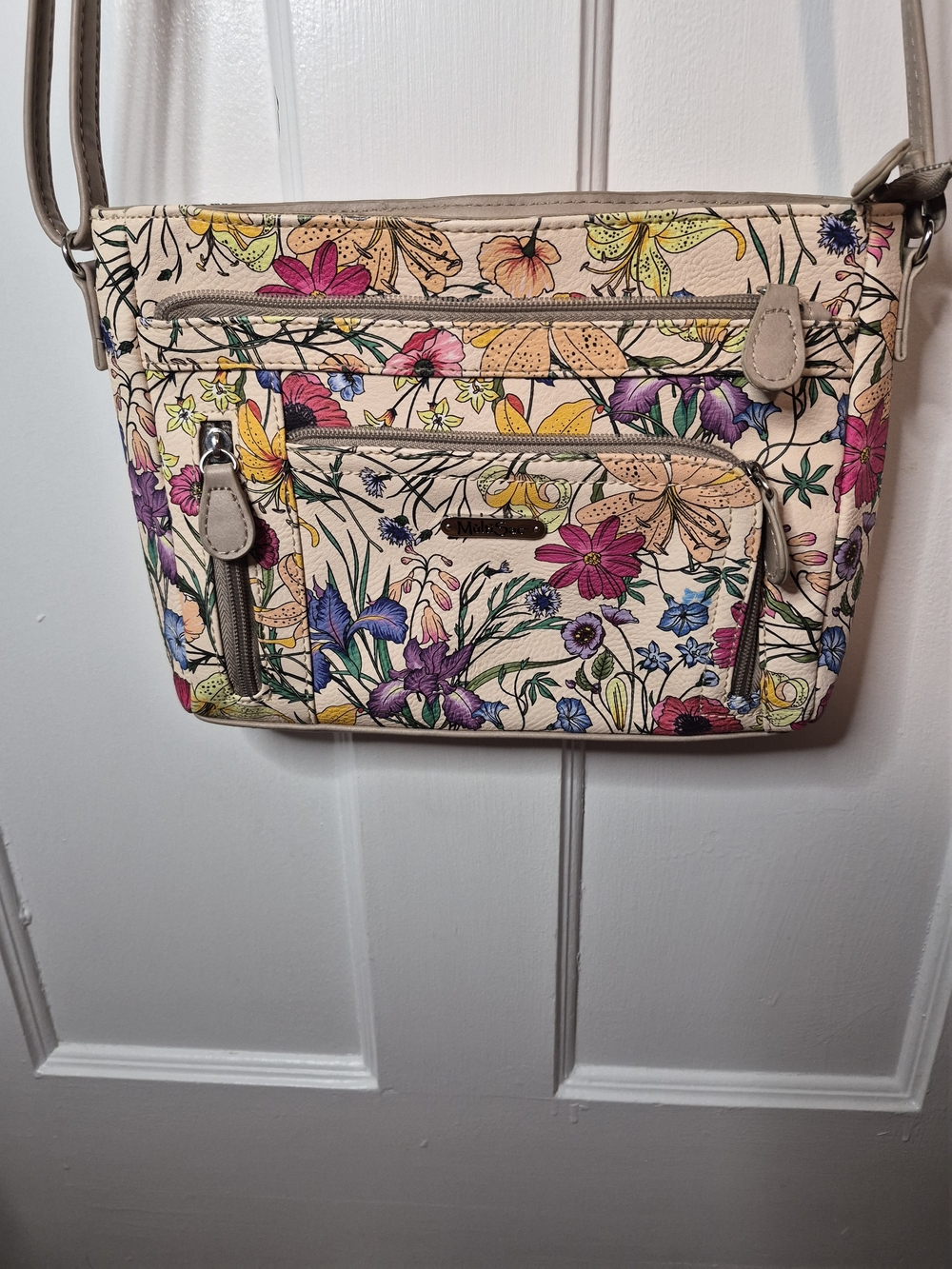 Floral Print Crossbody Bag in Beige with Multicolor Flowers